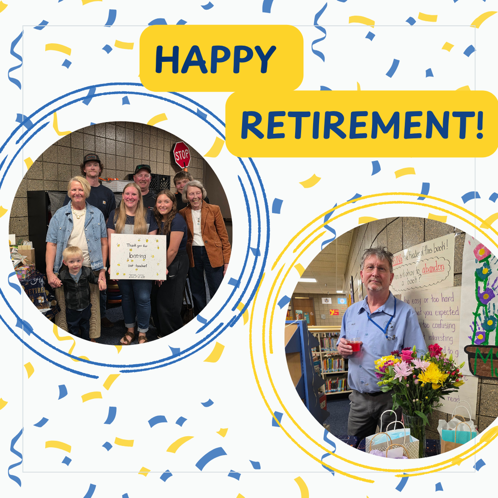 blue and yellow confetti background with photos of the retirees