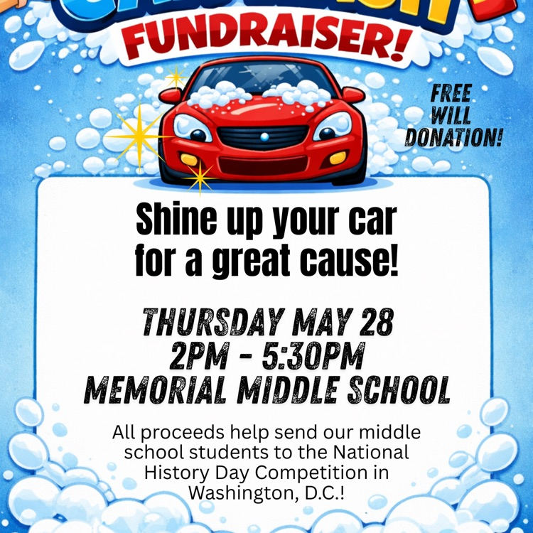 A bright blue and white flyer promoting a Car Wash Fundraiser. Bold colorful text at the top reads "Car Wash Fundraiser!"