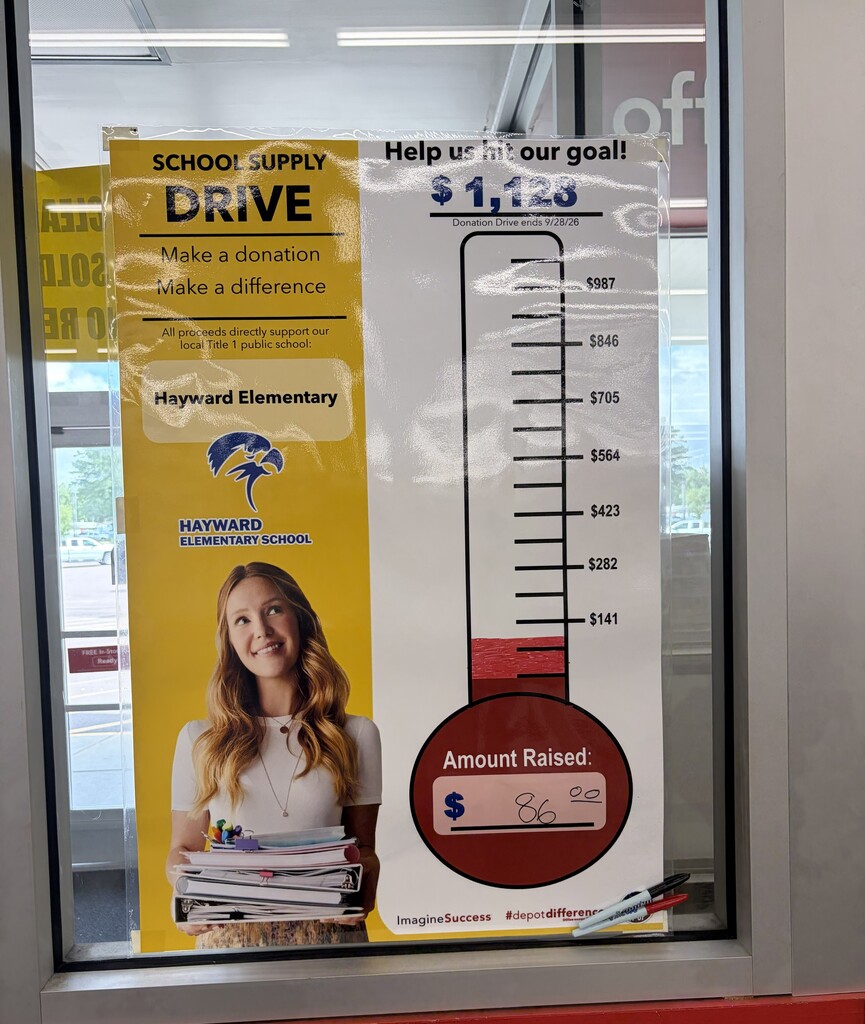donation thermometer showing amount raised for Hayward Elementary