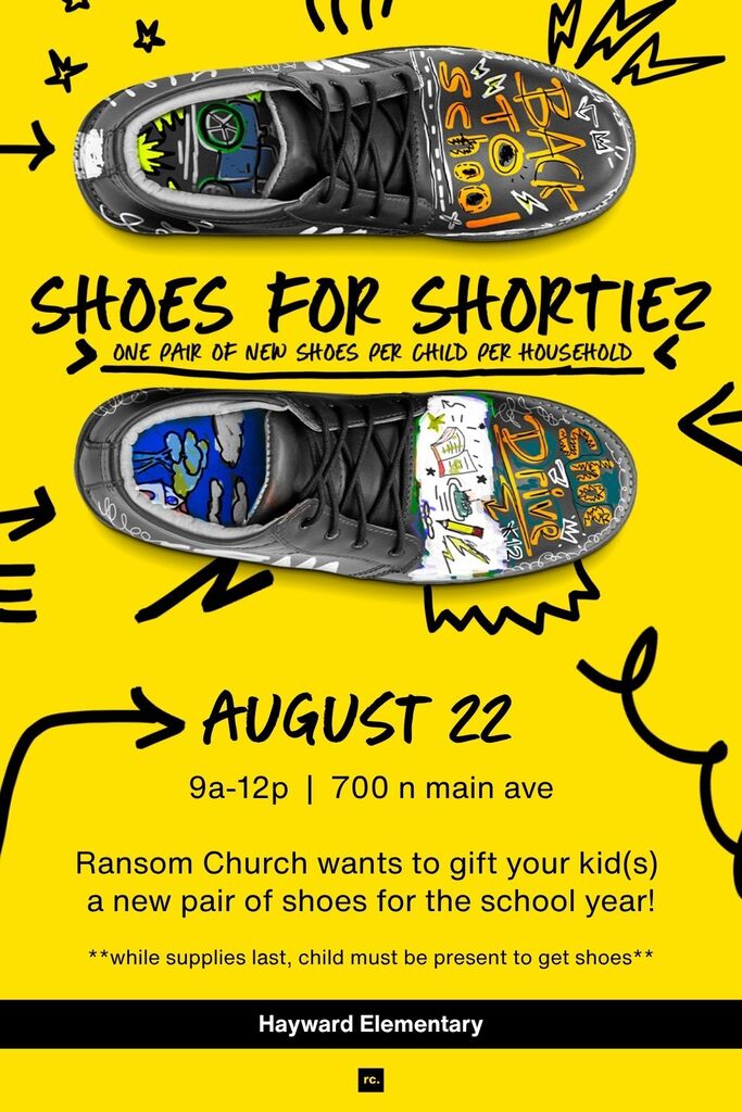 yellow background with black tennis shoes that are illustrated with back to school themed graffiti