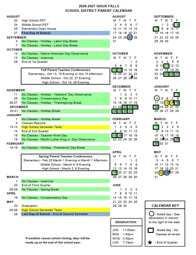 2026-2027 School year calendar