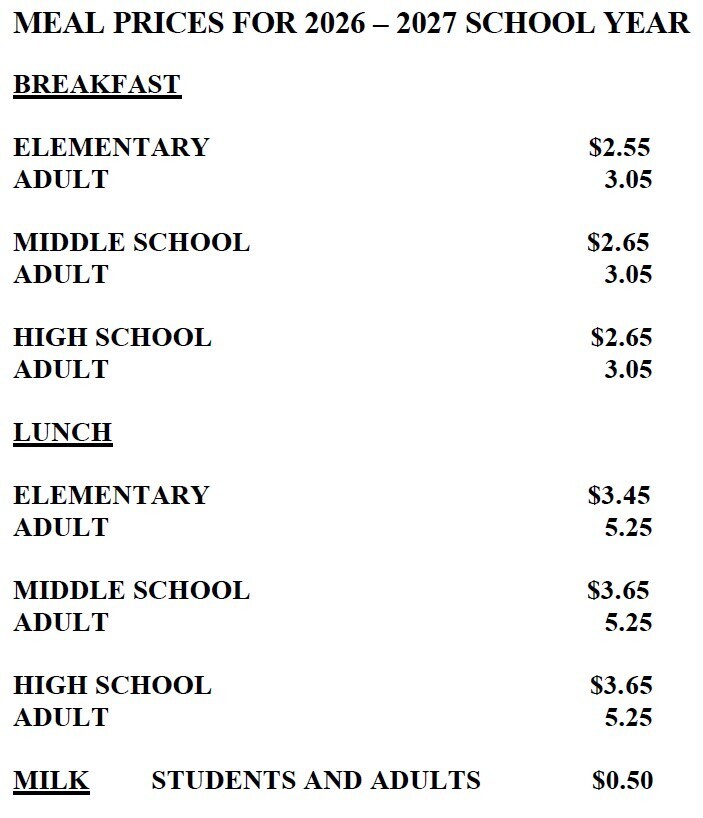 School Lunch Price Sheet for 2026-2027