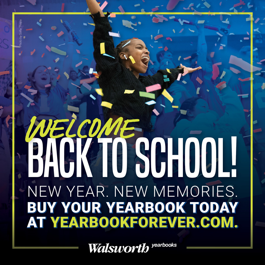 Picture of a student celebrating. Information about  ordering a yearbook. 