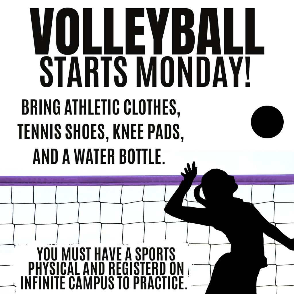 Picture of person hitting a volleyball in front of a net. Volleyball pratice starts Monday,.