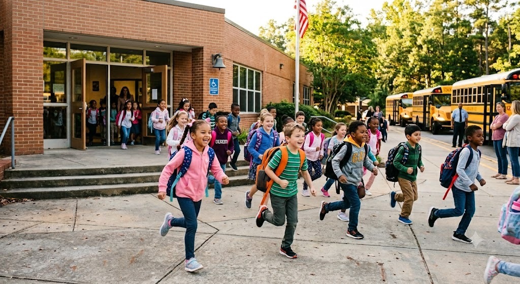 Students running out of school.