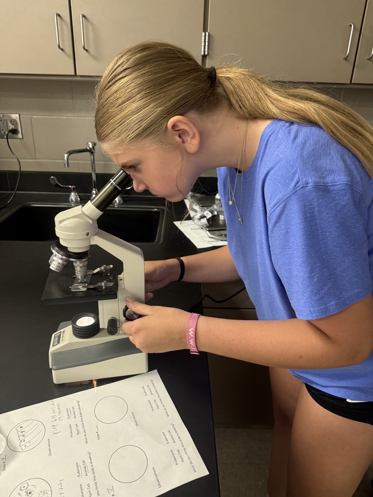 8th grade biology students using microscopes to observe cells.