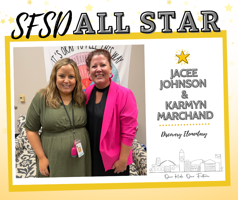 Discovery School Counselors Jacee Johnson and Karmyn Marchand pose together celebrating being named SFSD All Stars