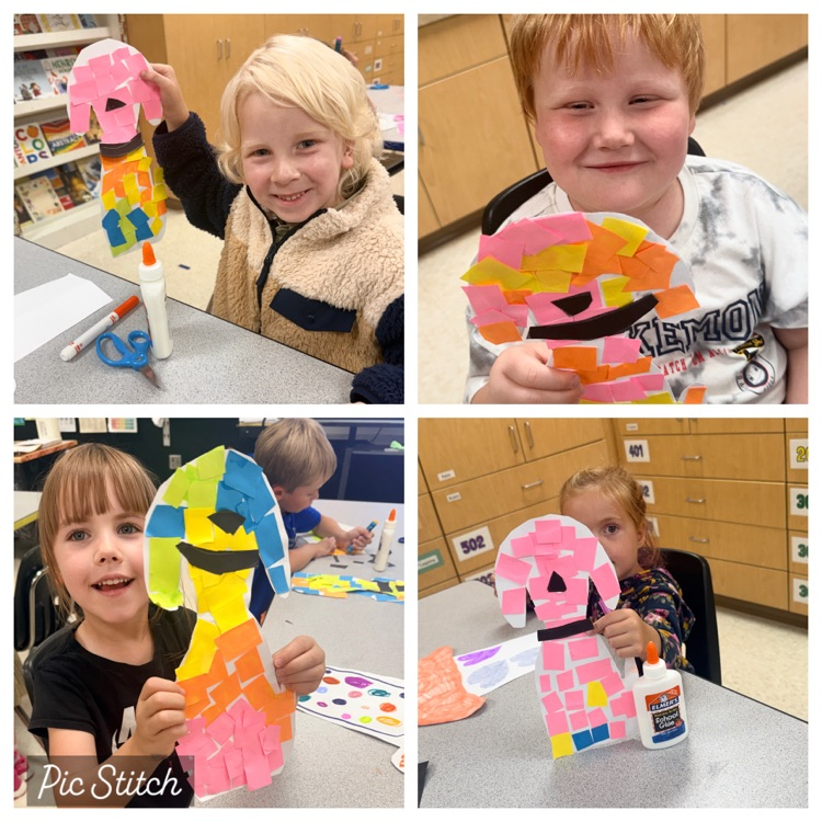 a collage style photo of students creating collage style dogs