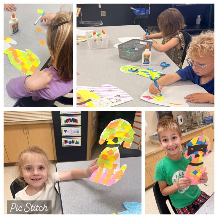 a collage style photo of students creating collage style dogs