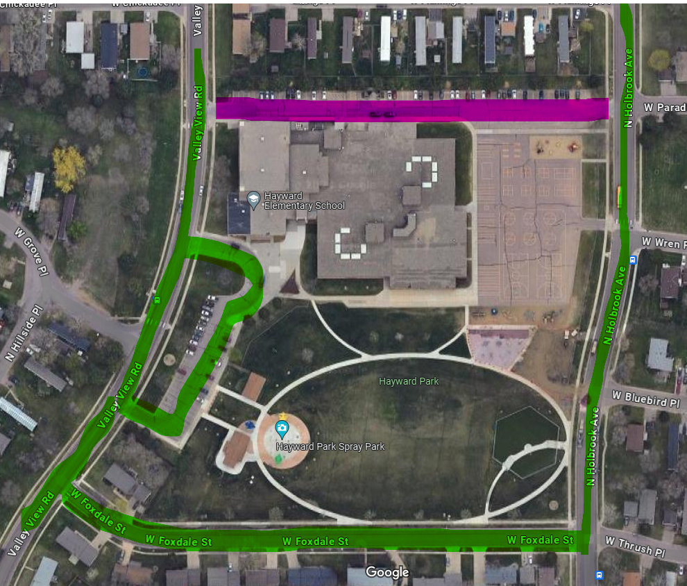 Hayward traffic flow showing right hand turns only and no access to the north parking lot.