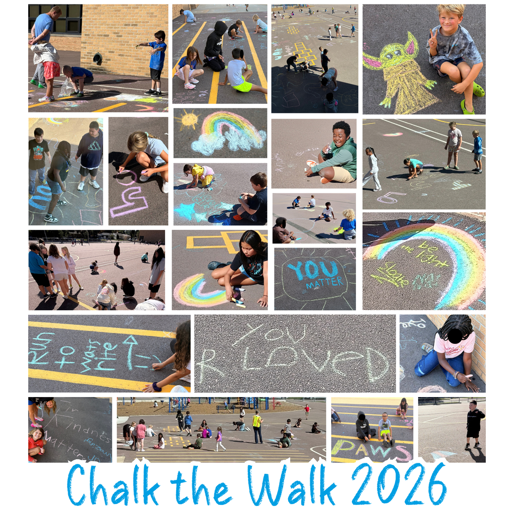 Pictures of students decorating the blacktop for Chalk the Walk