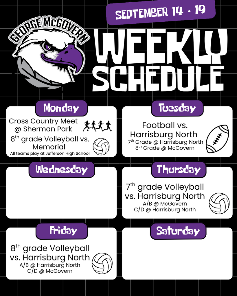 Weekly schedule for September 14 -19.