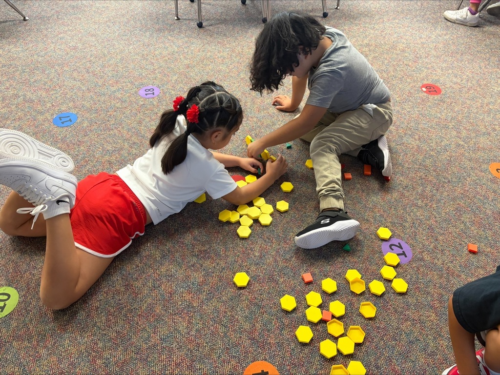 Two students working together to make a design using shape cubes.