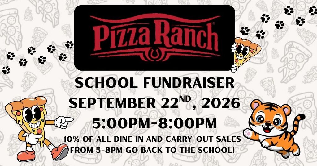 Pizza ranch nights are back starting September 22nd, 5-8pm. Pizza cartoons and cute tiger cartoon.