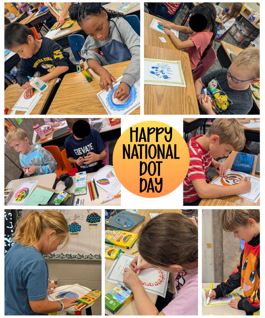 Multiple photos of 3rd graders making their mark by creating their own "dots" for National Dot Day!