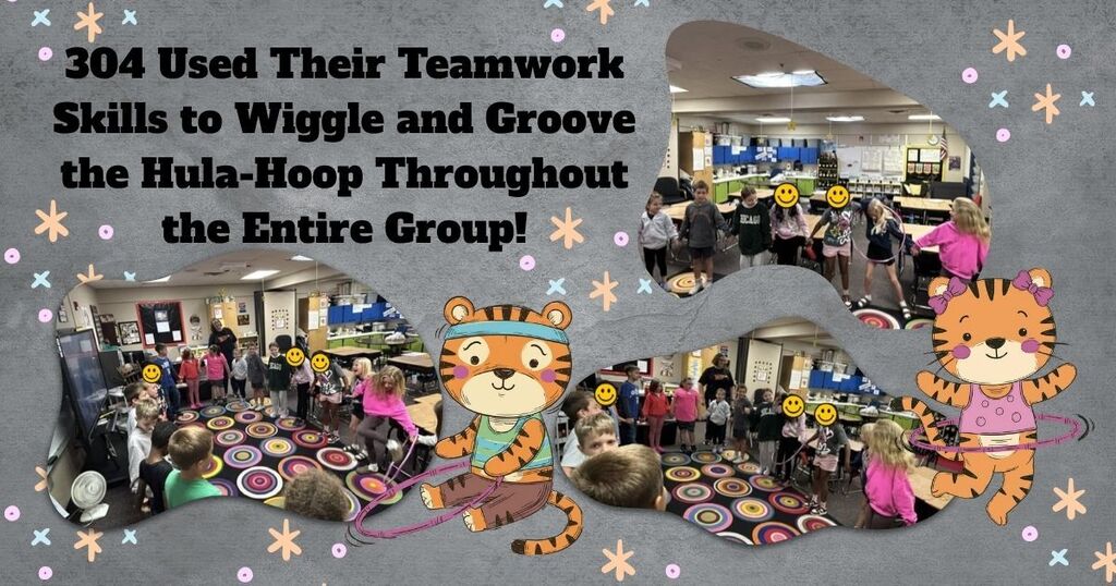 Classroom 304 in a circle with connected arms moving a hula hoop throughout the group