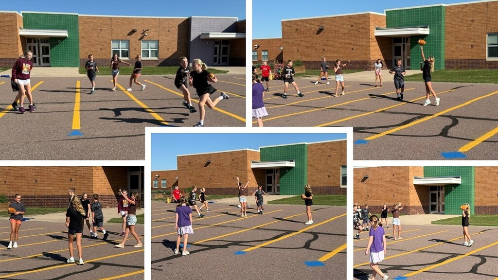 Fifth grade students playing football at recess. 