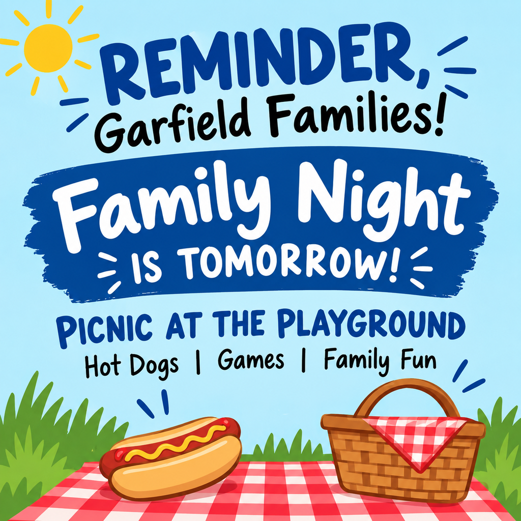 Picture reminding families of the family night tomorrow night.