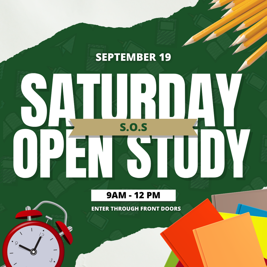 September 19, Saturday Open Study from 9am to 12pm at Jefferson. Enter through the front doors.