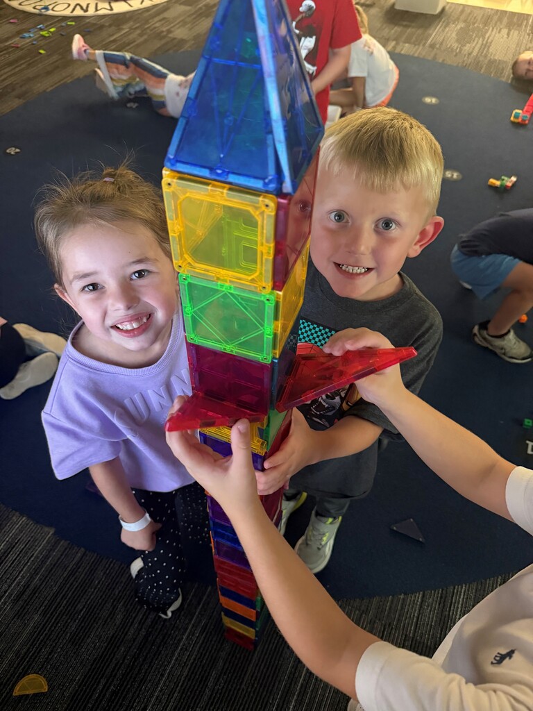 Students building blocks