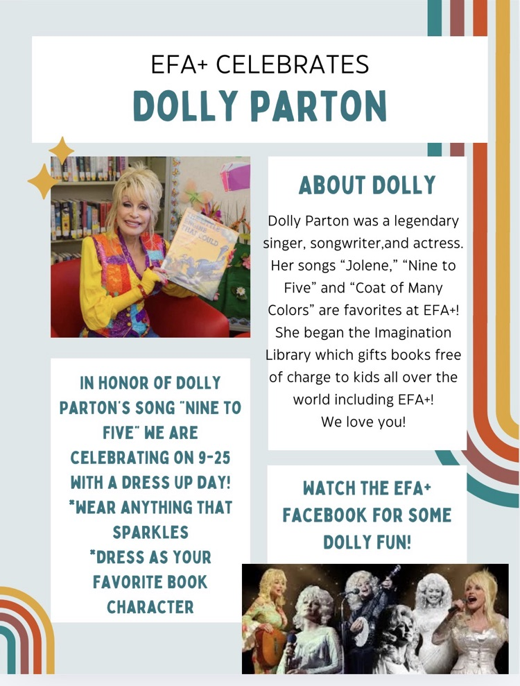 a graphic about Dolly Parton day at EFA+ with text and graphics