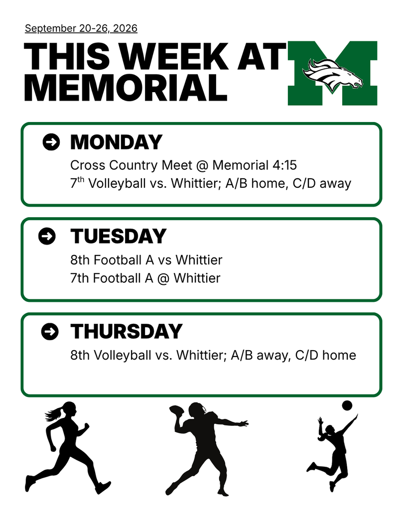 Memorial Middle School graphic titled "This Week at Memorial, September 20-26" with the Mustangs logo.