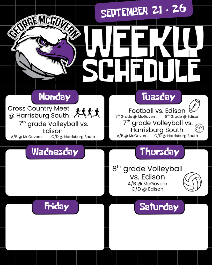Weekly schedule. List out Monday through Saturday with activities happening on Monday, Tuesday and Thursday. 