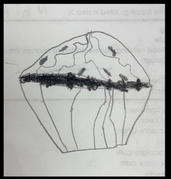 a black and white drawing of a cupcake
