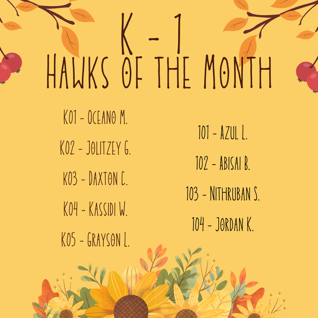 yellow background with K-1 student of the month names