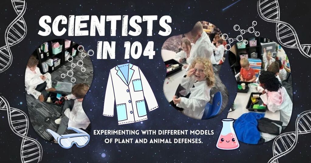 104 students in science lab coats and protective goggles to do experiments