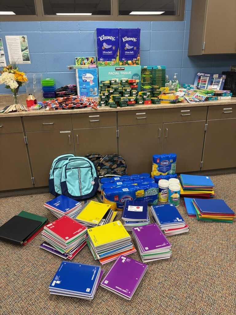 Donated school supplies from Our Saviors. 