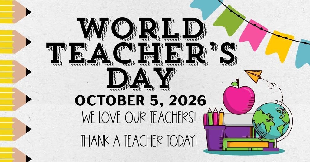 World teacher's day October 5, 2026. Teaching supplies stacked up and pencil border