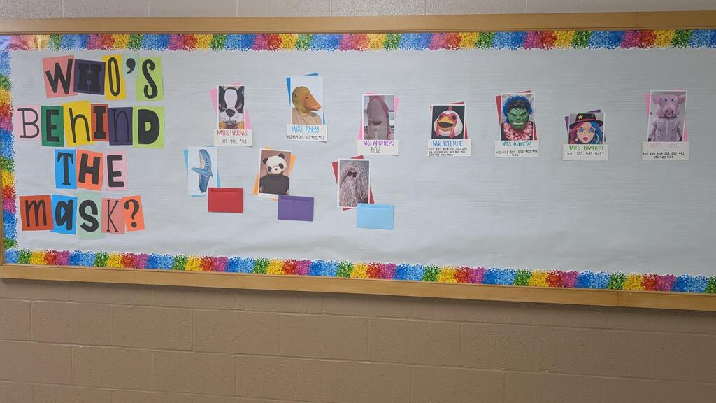 bulletin board with pictures of masked singers & wording "who's behind the mask?"