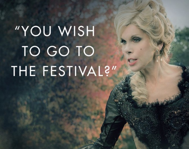 a photo of a woman in a black dress with text that says “you wish to go to the festival?"