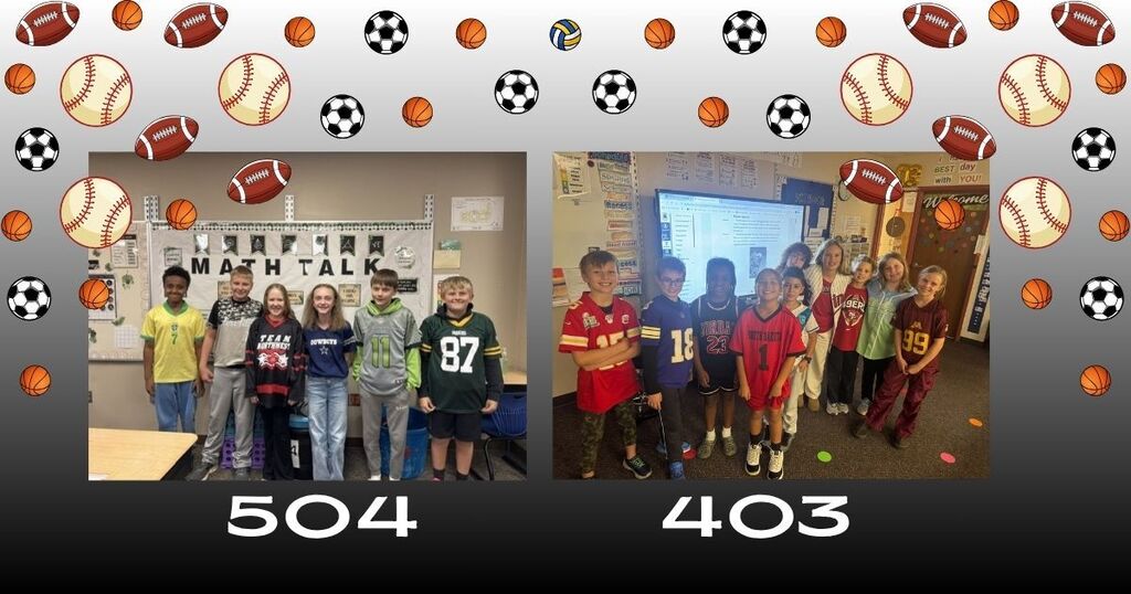 students wearing jerseys with sports balls falling from above