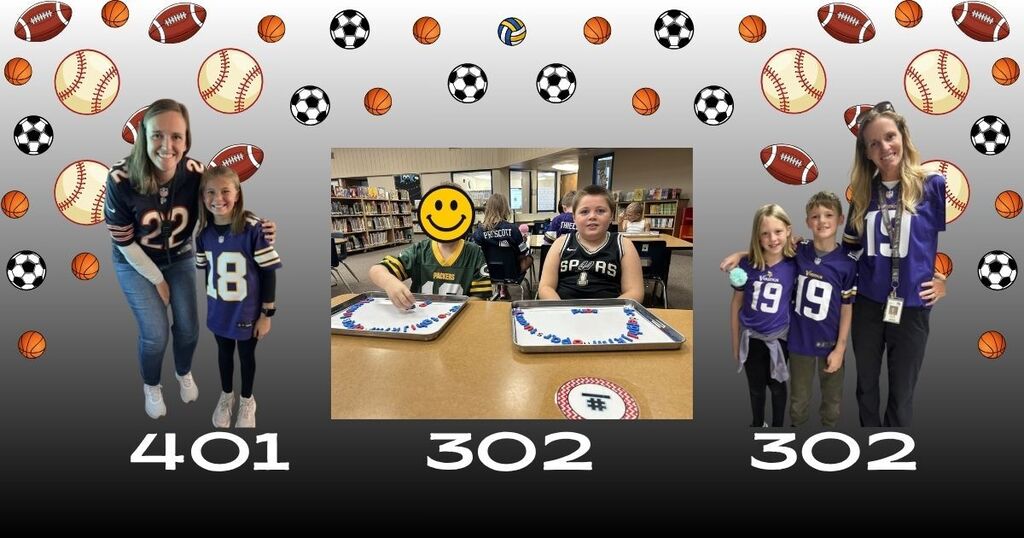 students wearing jerseys with sports balls falling from above