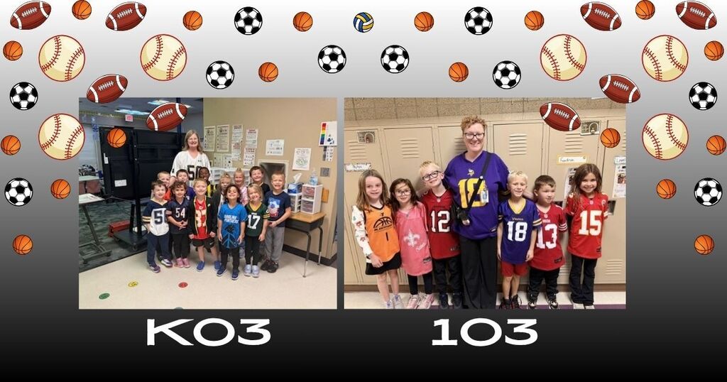 students wearing jerseys with sports balls falling from above