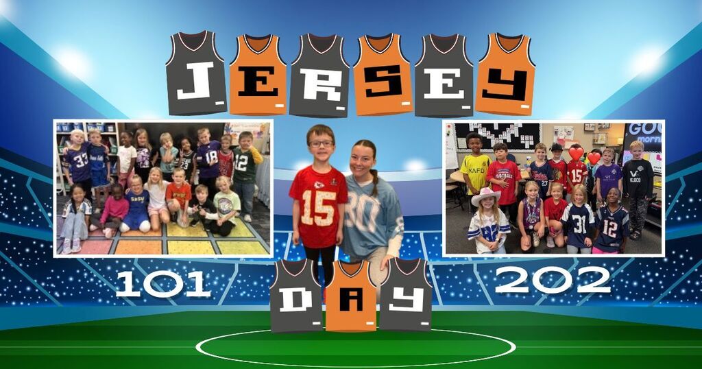 101 and 102 students wearing jerseys in front of cartoon stadium photo