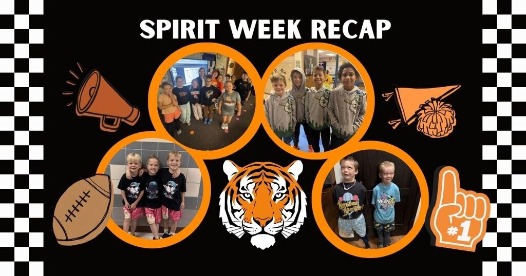 Spirit week recap photos , cartoon tiger, cartoon megaphone and football
