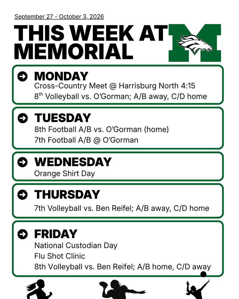 "This Week at Memorial" graphic for September 27 – October 3, 2026, with the Memorial Mustangs M logo. Monday: Cross-Country Meet at Harrisburg North, 4:15; 8th Volleyball vs. O'Gorman, A/B away, C/D home. Tuesday: 8th Football A/B vs. O'Gorman at home; 7th Football A/B at O'Gorman. Wednesday: Orange Shirt Day. Thursday: 7th Volleyball vs. Ben Reifel, A/B away, C/D home. Friday: National Custodian Day; Flu Shot Clinic; 8th Volleyball vs. Ben Reifel, A/B home, C/D away. Silhouettes of a runner, a football player, and a volleyball player appear at the bottom.