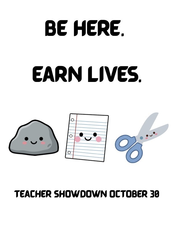 Be here. Earn lives. Rock, paper, scissors challenge poster.