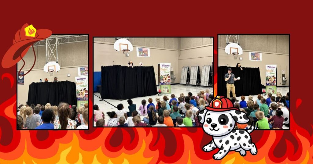 Cartoon fire, students observing puppet show with firefighter presenting