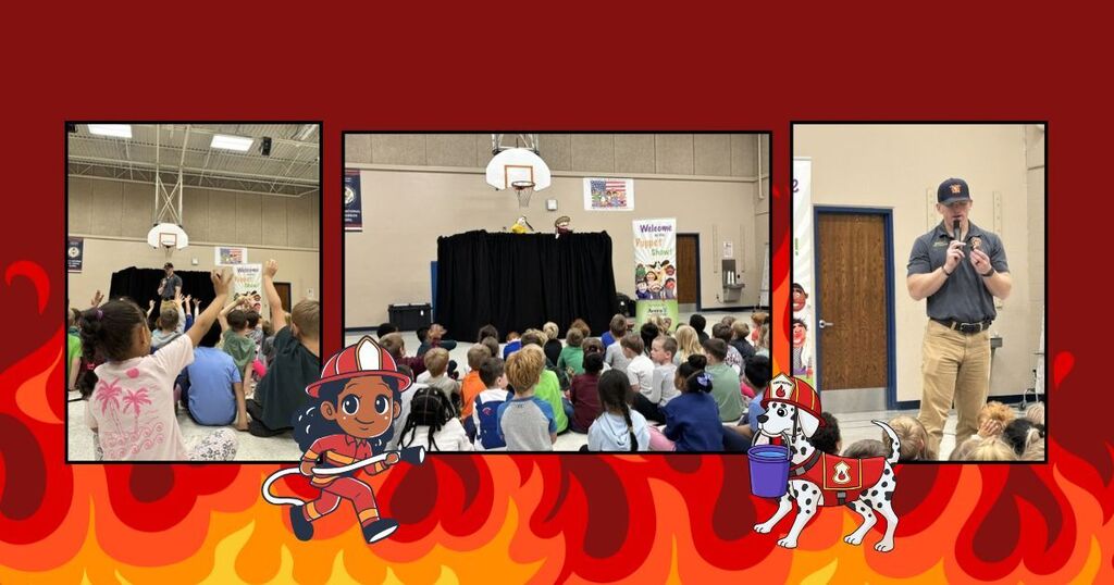 Cartoon fire, students observing puppet show with firefighter presenting