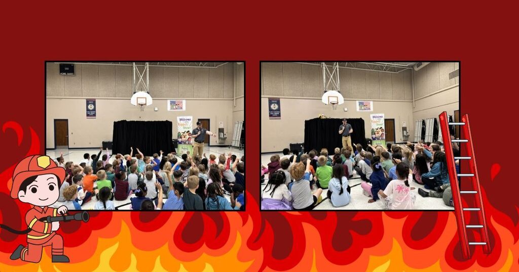 Cartoon fire, students observing puppet show with firefighter presenting