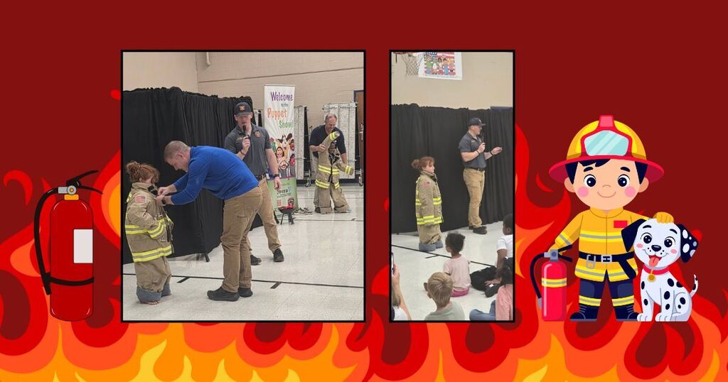 Cartoon fire, students observing puppet show with firefighter presenting, students wearing firefighter gear