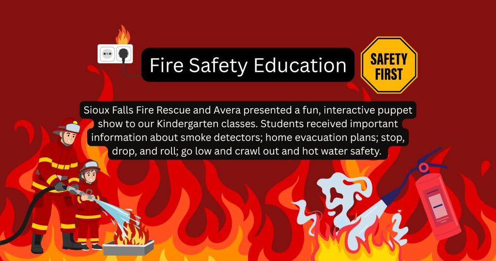 Cartoon fire, firefighters, fire hose, and fire extinguisher