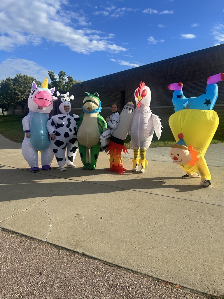 unicorn, cow, frog, astronaut, chicken and clown