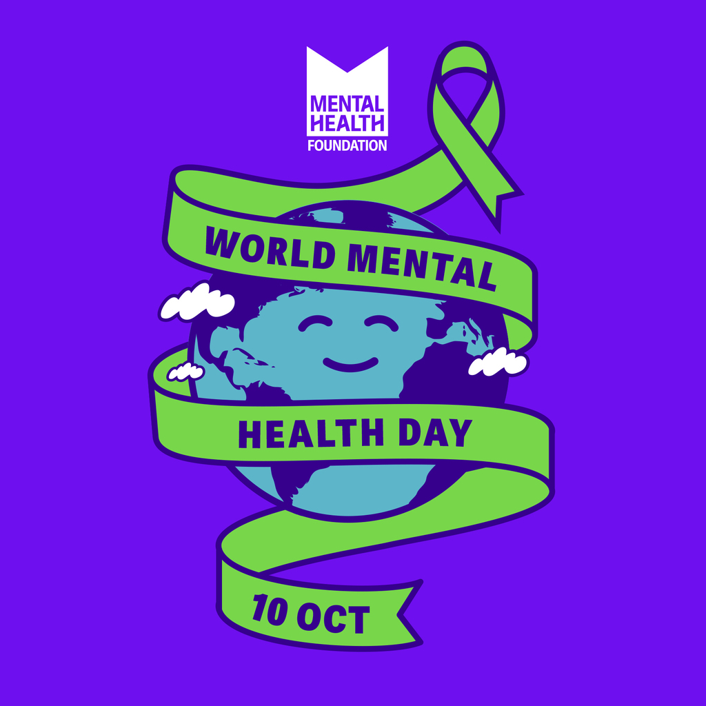 Purple World Mental Health Day graphic from the Mental Health Foundation. A smiling cartoon Earth with small white clouds is wrapped in a bright green ribbon that ends in an awareness-ribbon loop. The ribbon reads "World Mental Health Day, 10 Oct," and the Mental Health Foundation logo sits at the top.
