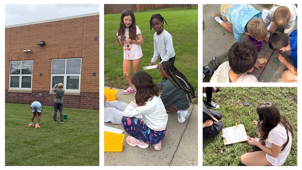 Students creating an electrical system outside. 