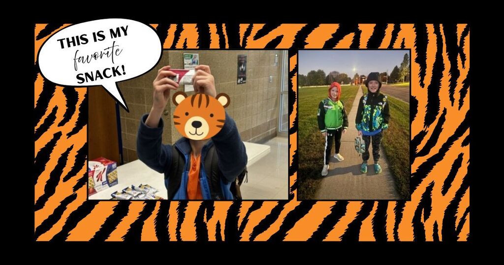 Students posing as they walk to school, student holding up a favorite snack with excitement.